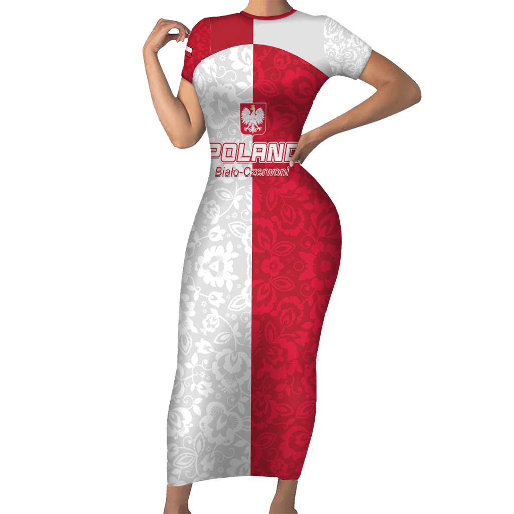 Custom Poland Football Short Sleeve Bodycon Dress White-Reds Floral Polish Pattern - Wonder Print Shop