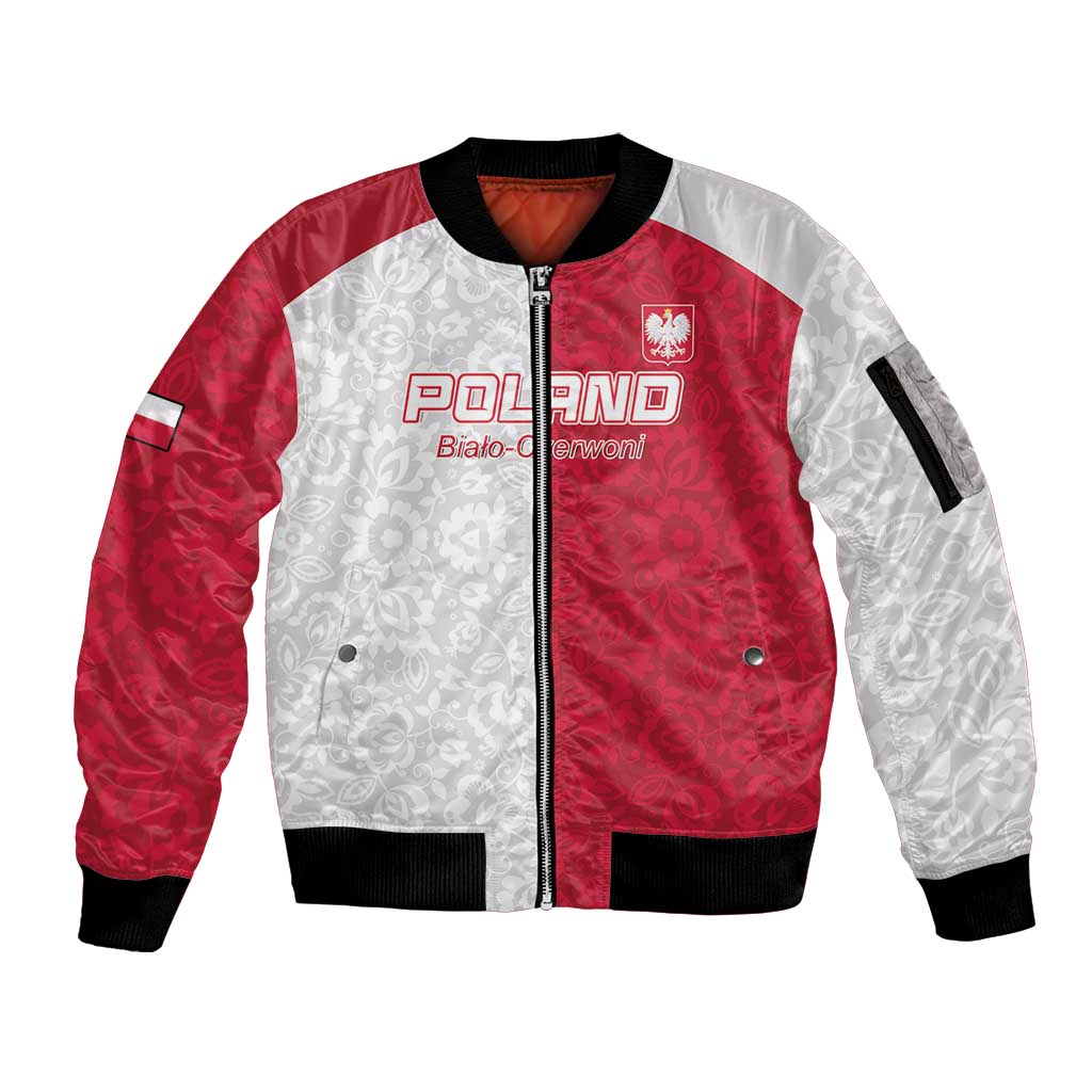 Custom Poland Football Sleeve Zip Bomber Jacket White-Reds Floral Polish Pattern - Wonder Print Shop