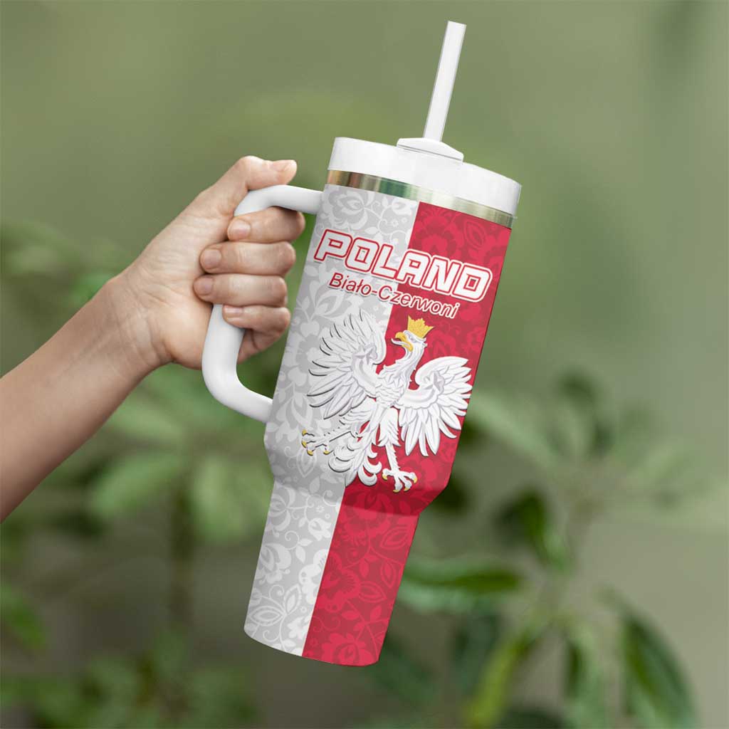 Custom Poland Football Tumbler With Handle White-Reds Floral Polish Pattern - Wonder Print Shop
