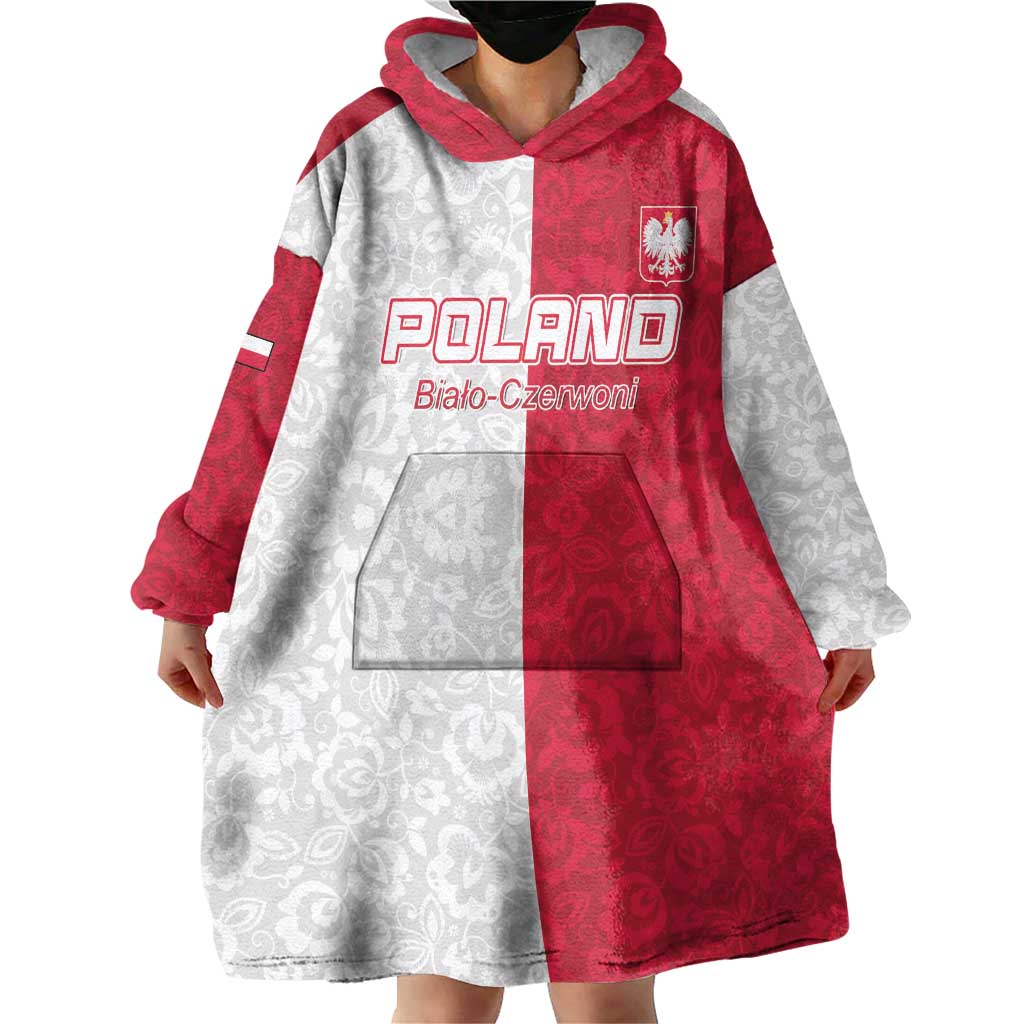 Custom Poland Football Wearable Blanket Hoodie White-Reds Floral Polish Pattern - Wonder Print Shop