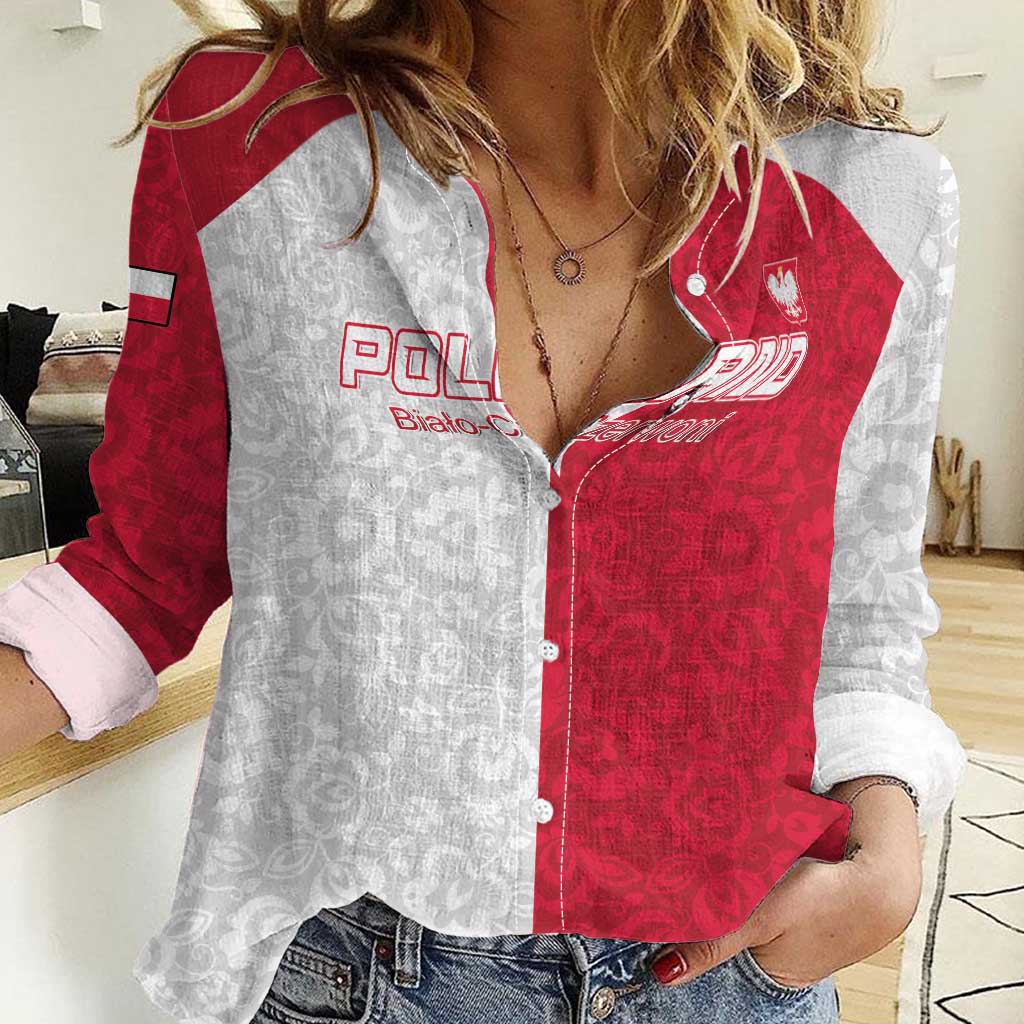 Custom Poland Football Women Casual Shirt White-Reds Floral Polish Pattern - Wonder Print Shop