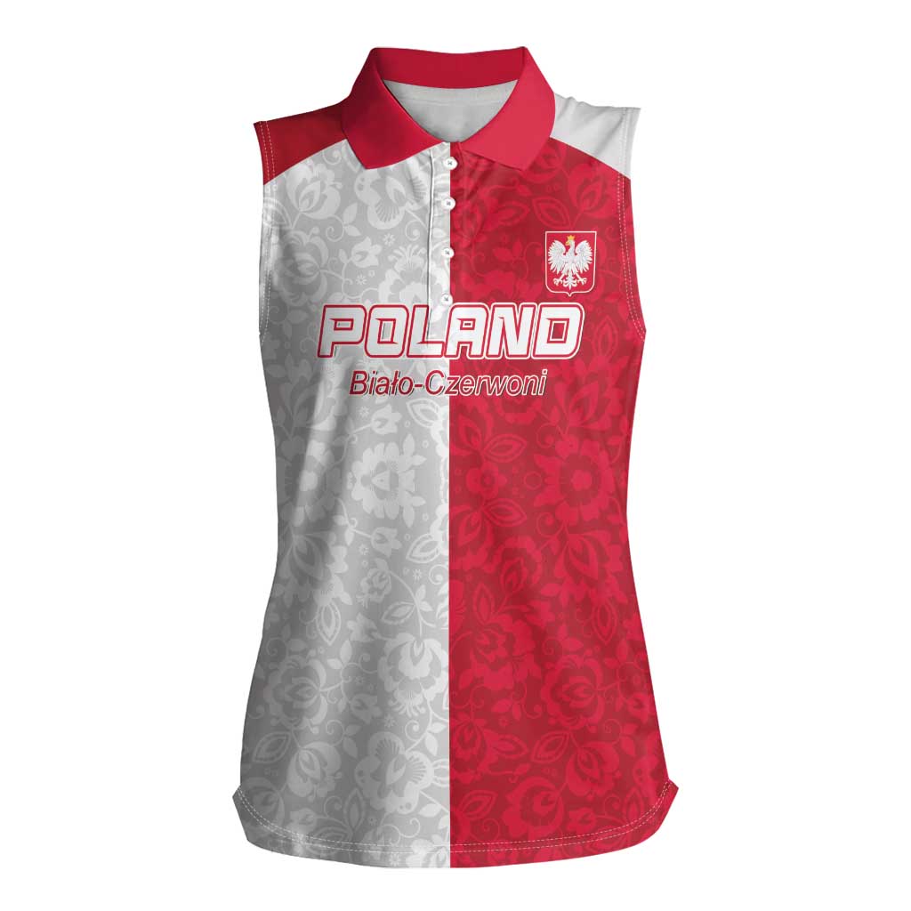 Custom Poland Football Women Sleeveless Polo Shirt White-Reds Floral Polish Pattern - Wonder Print Shop