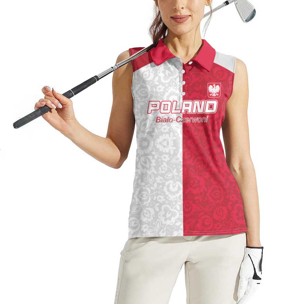 Custom Poland Football Women Sleeveless Polo Shirt White-Reds Floral Polish Pattern - Wonder Print Shop