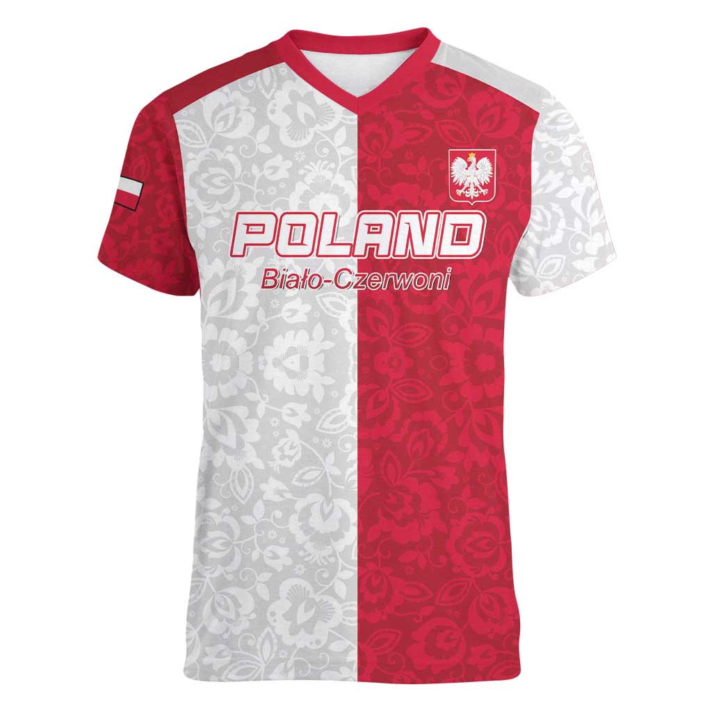 Custom Poland Football Women V-Neck T-Shirt White-Reds Floral Polish Pattern - Wonder Print Shop