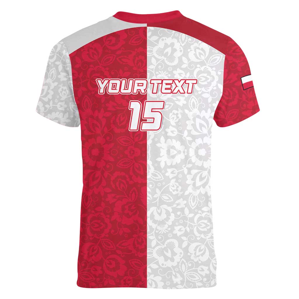 Custom Poland Football Women V-Neck T-Shirt White-Reds Floral Polish Pattern - Wonder Print Shop