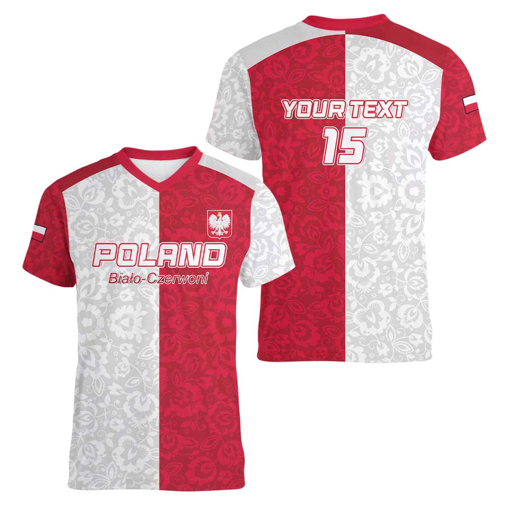 Custom Poland Football Women V-Neck T-Shirt White-Reds Floral Polish Pattern - Wonder Print Shop