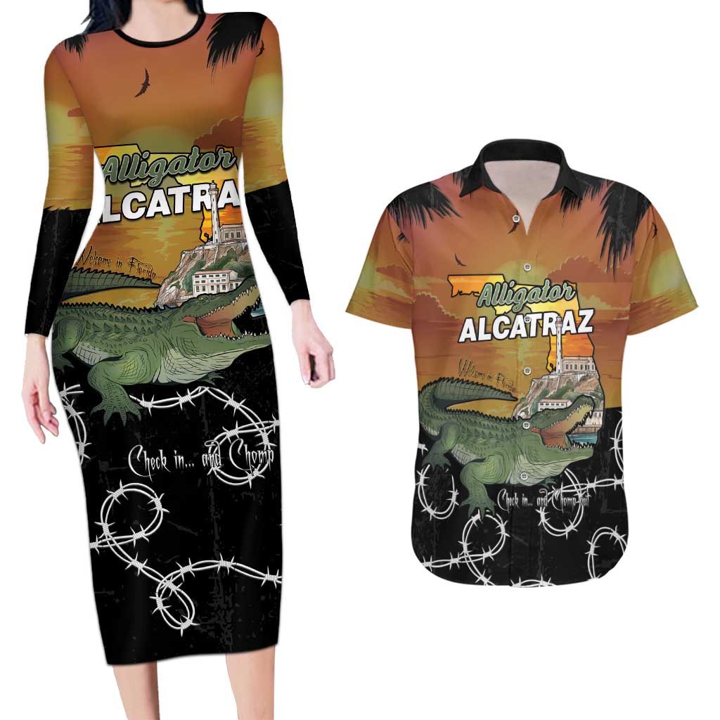 Alligator Alcatraz Couples Matching Long Sleeve Bodycon Dress and Hawaiian Shirt Prison Florida Everglades - Wonder Print Shop