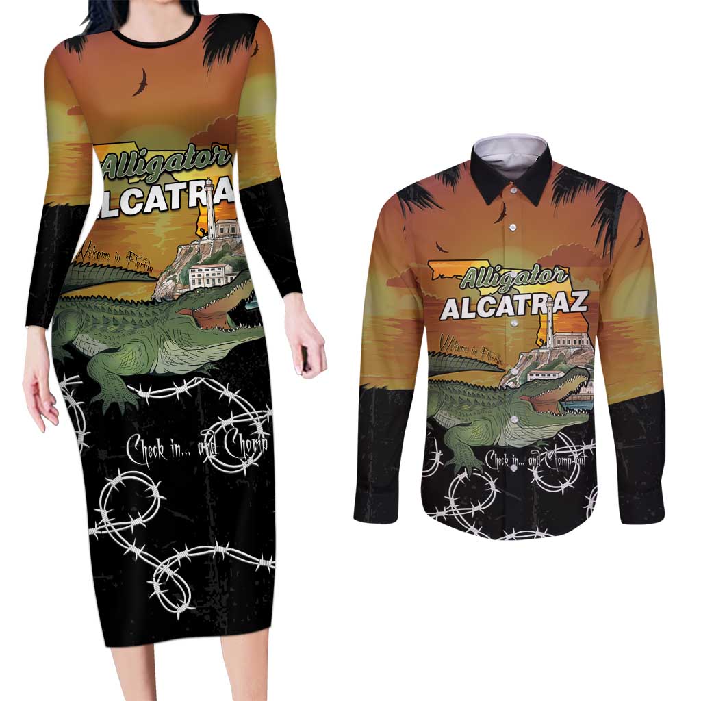 Alligator Alcatraz Couples Matching Long Sleeve Bodycon Dress and Long Sleeve Button Shirt Prison Florida Everglades - Wonder Print Shop