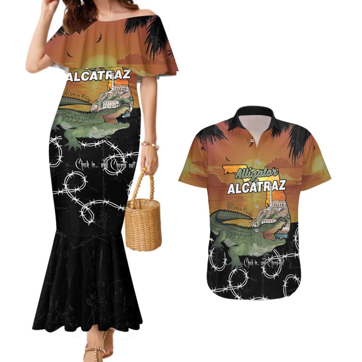 Alligator Alcatraz Couples Matching Mermaid Dress and Hawaiian Shirt Prison Florida Everglades - Wonder Print Shop