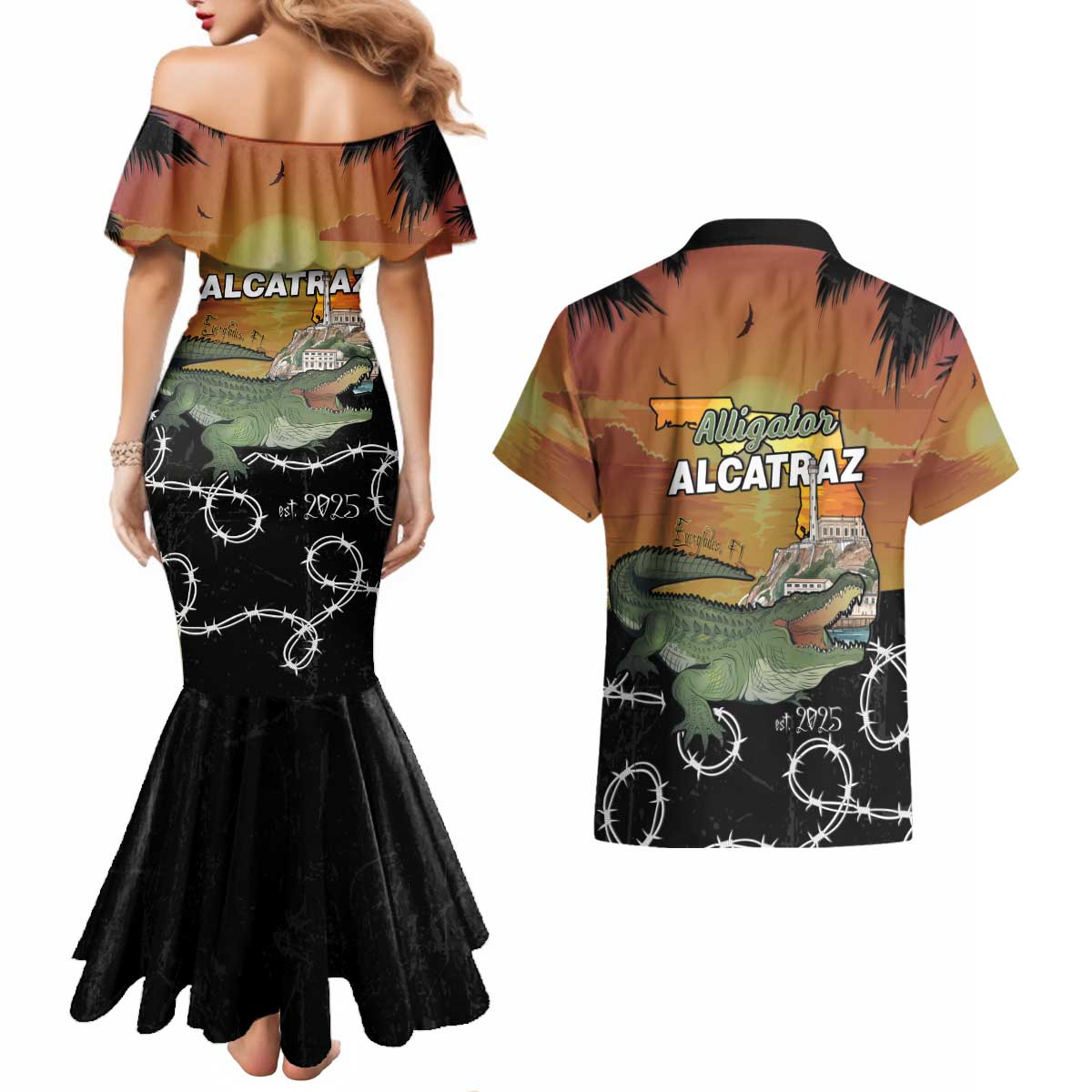Alligator Alcatraz Couples Matching Mermaid Dress and Hawaiian Shirt Prison Florida Everglades - Wonder Print Shop