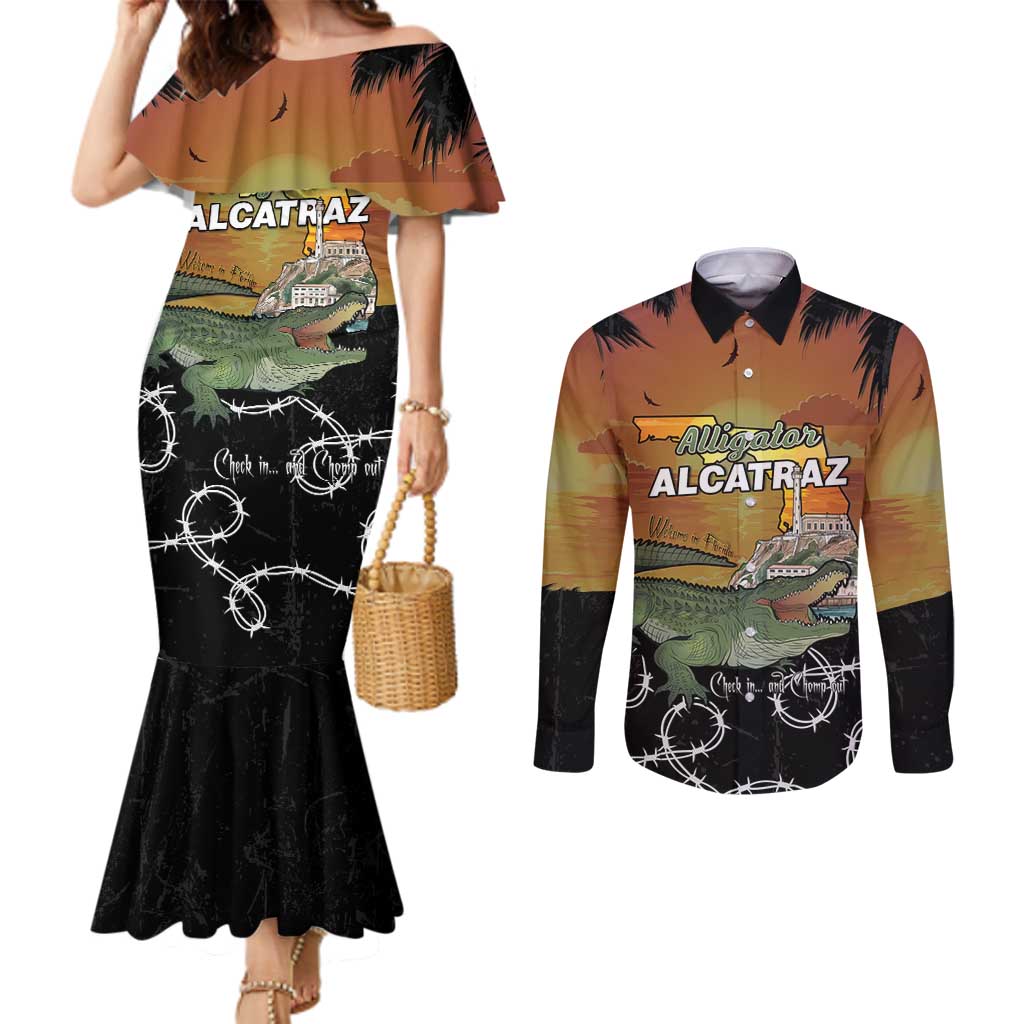 Alligator Alcatraz Couples Matching Mermaid Dress and Long Sleeve Button Shirt Prison Florida Everglades - Wonder Print Shop