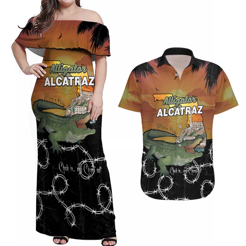 Alligator Alcatraz Couples Matching Off Shoulder Maxi Dress and Hawaiian Shirt Prison Florida Everglades - Wonder Print Shop