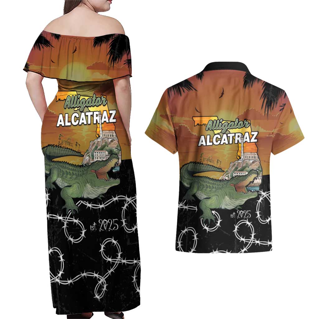 Alligator Alcatraz Couples Matching Off Shoulder Maxi Dress and Hawaiian Shirt Prison Florida Everglades - Wonder Print Shop
