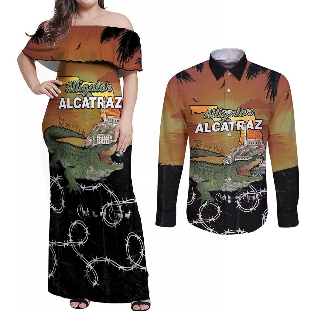 Alligator Alcatraz Couples Matching Off Shoulder Maxi Dress and Long Sleeve Button Shirt Prison Florida Everglades - Wonder Print Shop