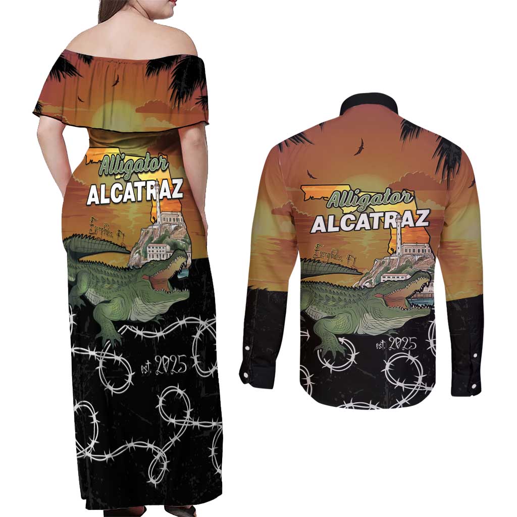 Alligator Alcatraz Couples Matching Off Shoulder Maxi Dress and Long Sleeve Button Shirt Prison Florida Everglades - Wonder Print Shop