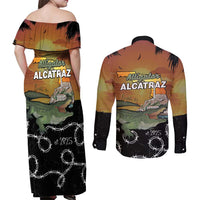 Alligator Alcatraz Couples Matching Off Shoulder Maxi Dress and Long Sleeve Button Shirt Prison Florida Everglades - Wonder Print Shop