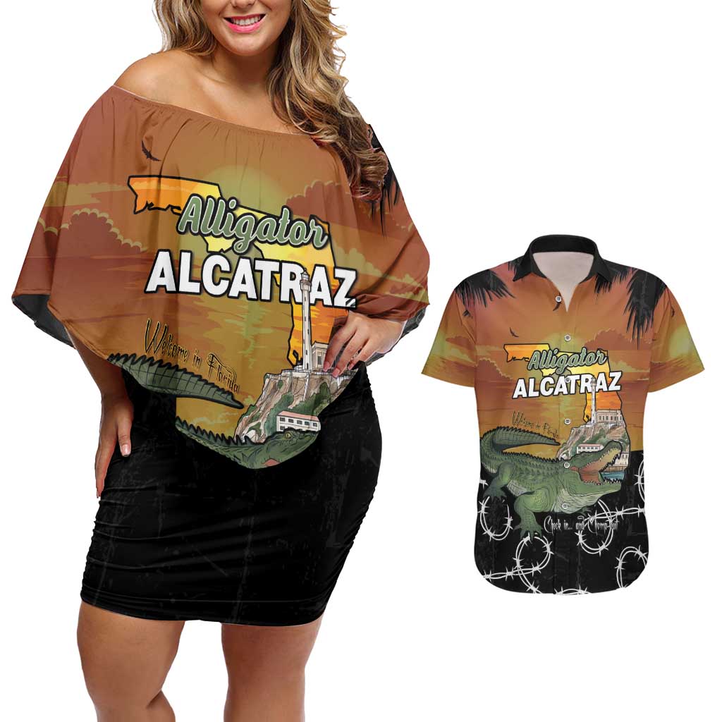 Alligator Alcatraz Couples Matching Off Shoulder Short Dress and Hawaiian Shirt Prison Florida Everglades - Wonder Print Shop