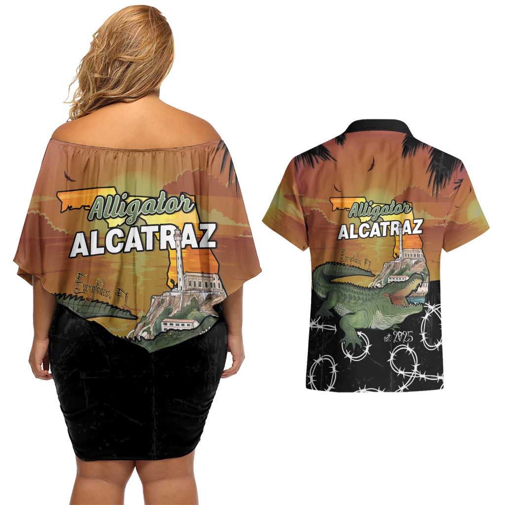 Alligator Alcatraz Couples Matching Off Shoulder Short Dress and Hawaiian Shirt Prison Florida Everglades - Wonder Print Shop