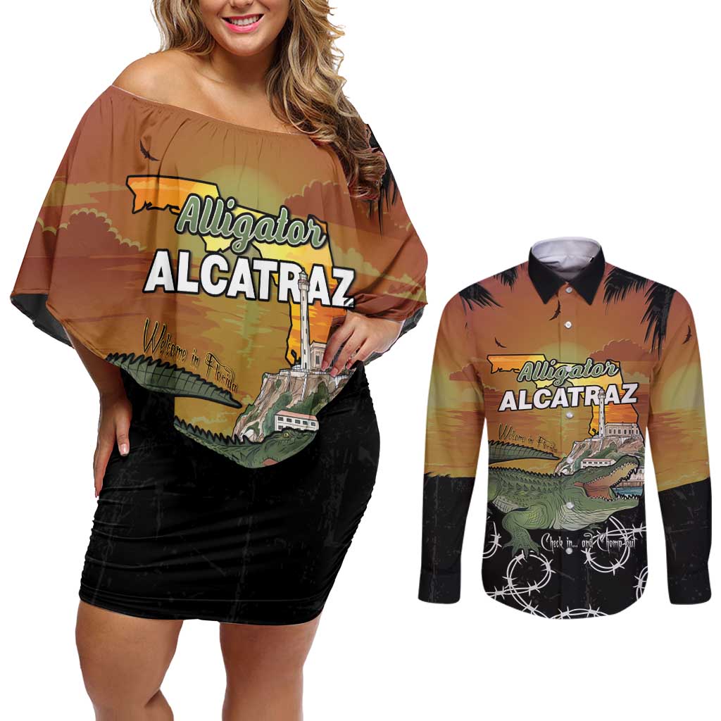Alligator Alcatraz Couples Matching Off Shoulder Short Dress and Long Sleeve Button Shirt Prison Florida Everglades - Wonder Print Shop