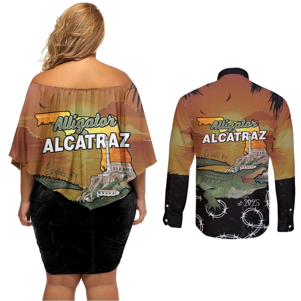 Alligator Alcatraz Couples Matching Off Shoulder Short Dress and Long Sleeve Button Shirt Prison Florida Everglades - Wonder Print Shop