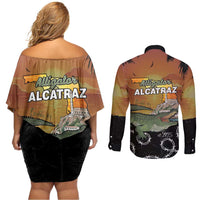 Alligator Alcatraz Couples Matching Off Shoulder Short Dress and Long Sleeve Button Shirt Prison Florida Everglades - Wonder Print Shop
