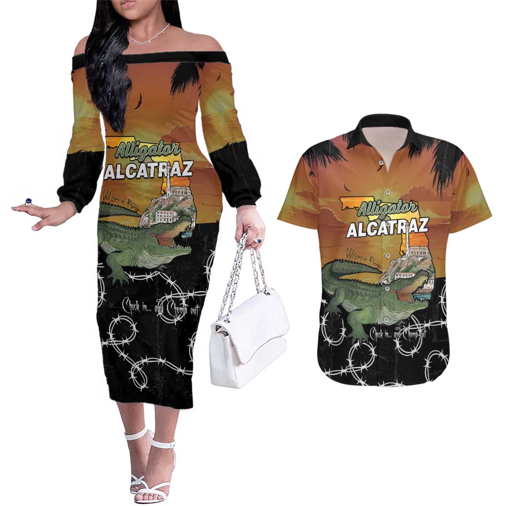 Alligator Alcatraz Couples Matching Off The Shoulder Long Sleeve Dress and Hawaiian Shirt Prison Florida Everglades - Wonder Print Shop