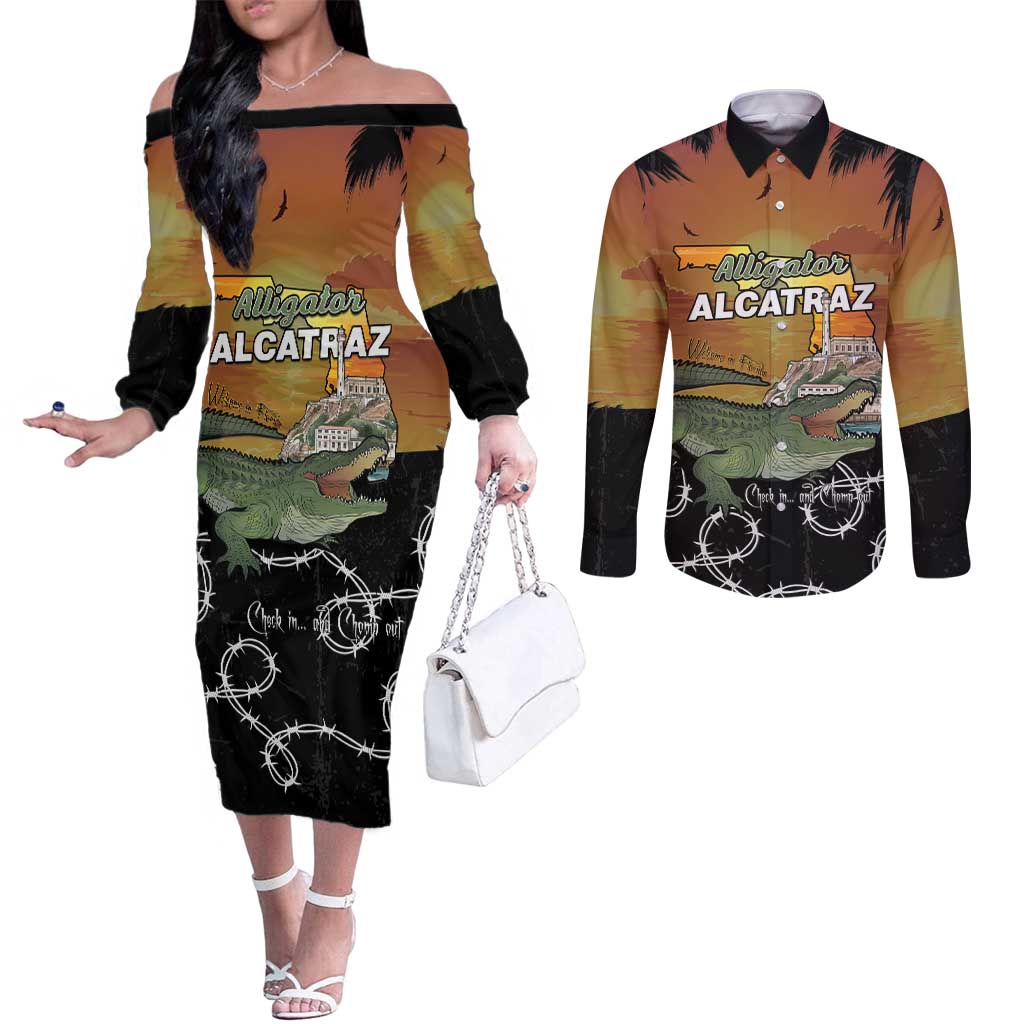 Alligator Alcatraz Couples Matching Off The Shoulder Long Sleeve Dress and Long Sleeve Button Shirt Prison Florida Everglades - Wonder Print Shop