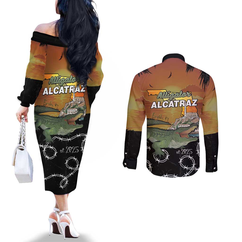 Alligator Alcatraz Couples Matching Off The Shoulder Long Sleeve Dress and Long Sleeve Button Shirt Prison Florida Everglades - Wonder Print Shop
