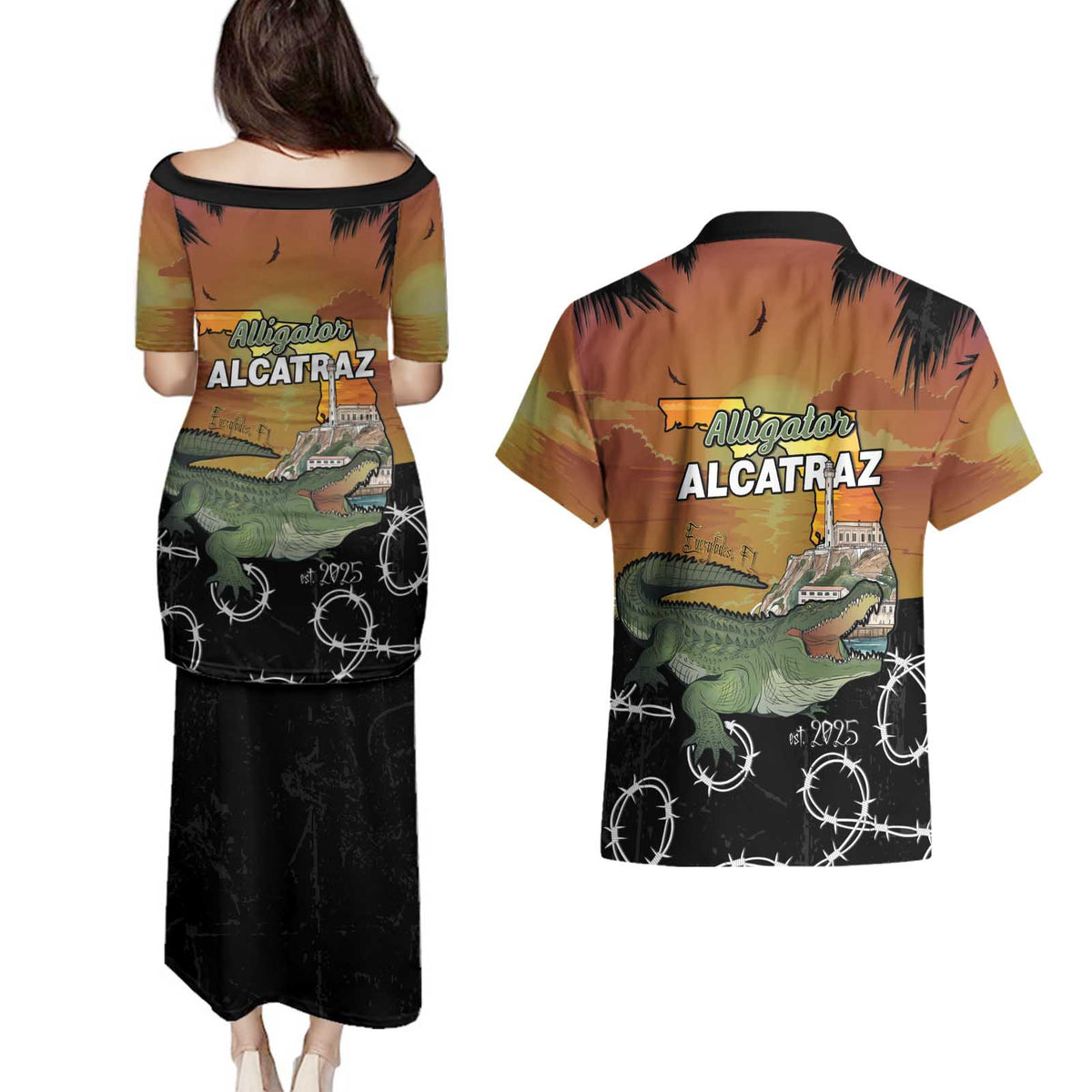 Alligator Alcatraz Couples Matching Puletasi and Hawaiian Shirt Prison Florida Everglades - Wonder Print Shop