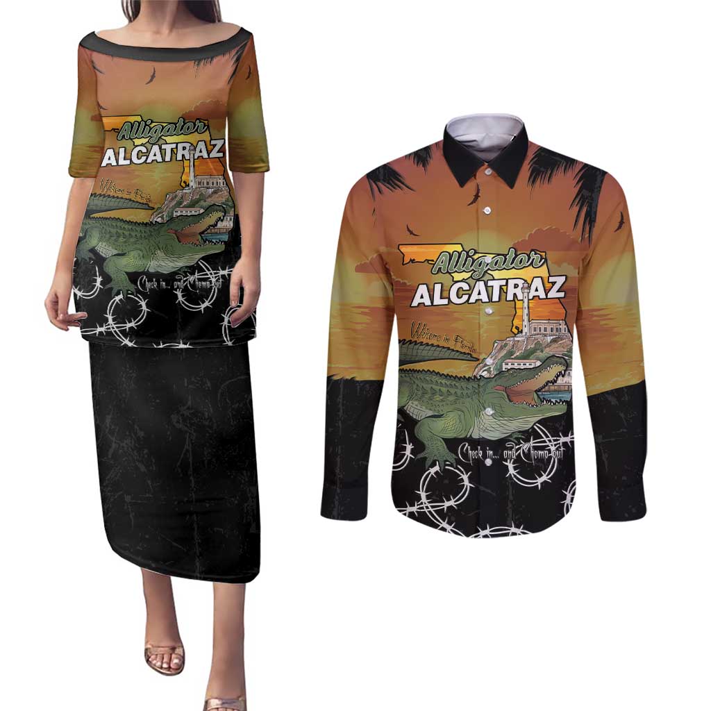 Alligator Alcatraz Couples Matching Puletasi and Long Sleeve Button Shirt Prison Florida Everglades - Wonder Print Shop