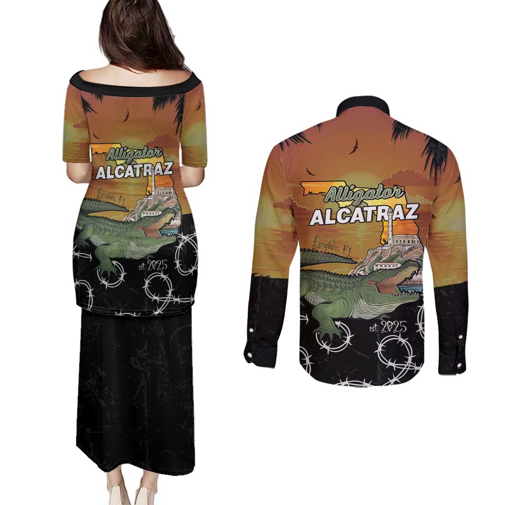 Alligator Alcatraz Couples Matching Puletasi and Long Sleeve Button Shirt Prison Florida Everglades - Wonder Print Shop