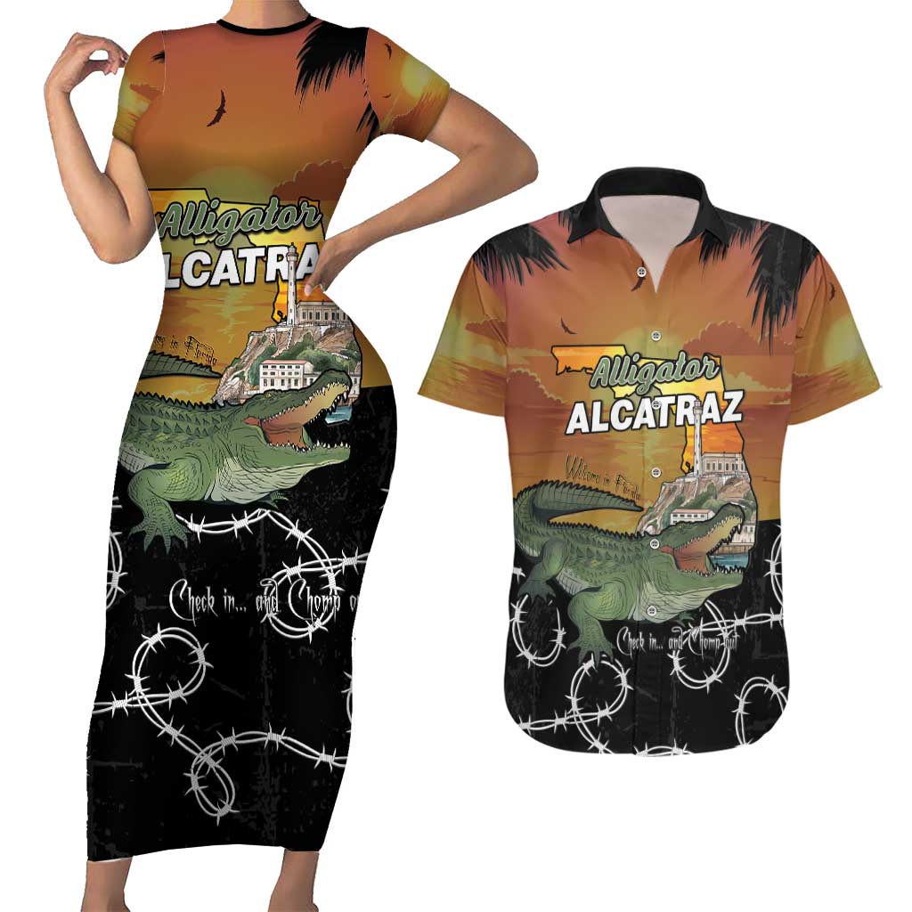 Alligator Alcatraz Couples Matching Short Sleeve Bodycon Dress and Hawaiian Shirt Prison Florida Everglades - Wonder Print Shop