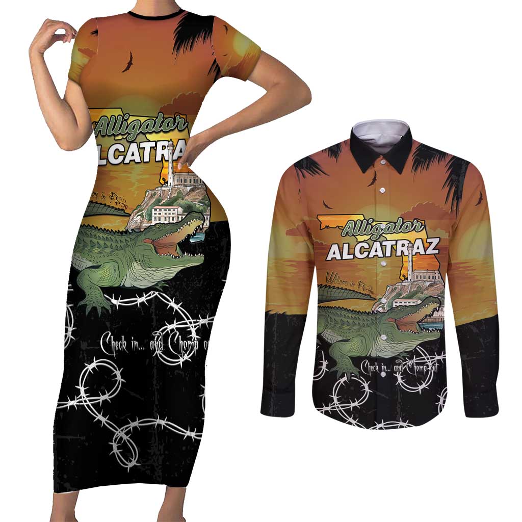 Alligator Alcatraz Couples Matching Short Sleeve Bodycon Dress and Long Sleeve Button Shirt Prison Florida Everglades - Wonder Print Shop
