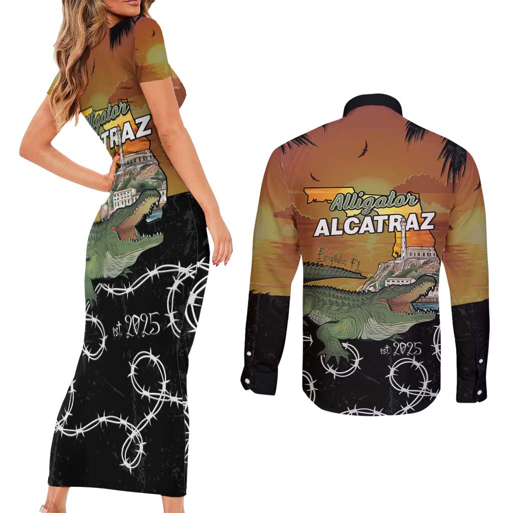 Alligator Alcatraz Couples Matching Short Sleeve Bodycon Dress and Long Sleeve Button Shirt Prison Florida Everglades - Wonder Print Shop