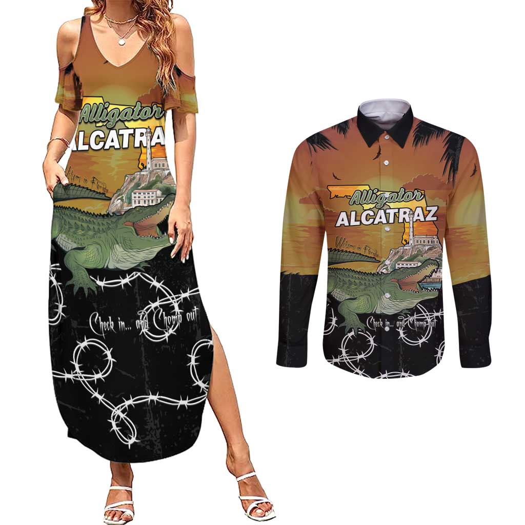 Alligator Alcatraz Couples Matching Summer Maxi Dress and Long Sleeve Button Shirt Prison Florida Everglades - Wonder Print Shop