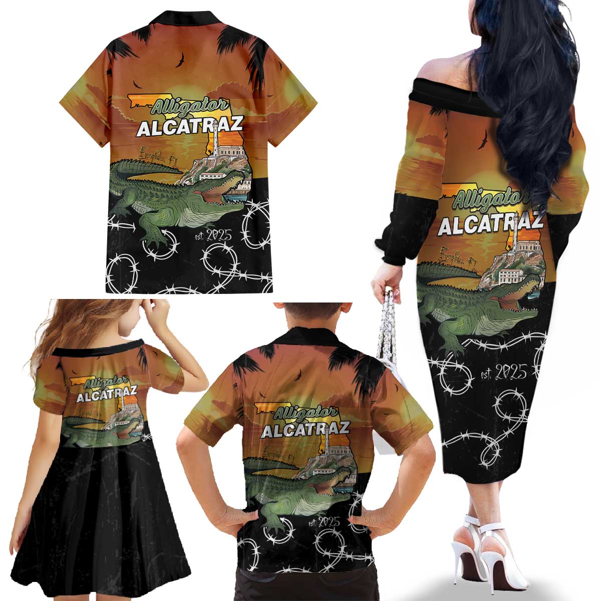 Alligator Alcatraz Family Matching Off The Shoulder Long Sleeve Dress and Hawaiian Shirt Prison Florida Everglades - Wonder Print Shop