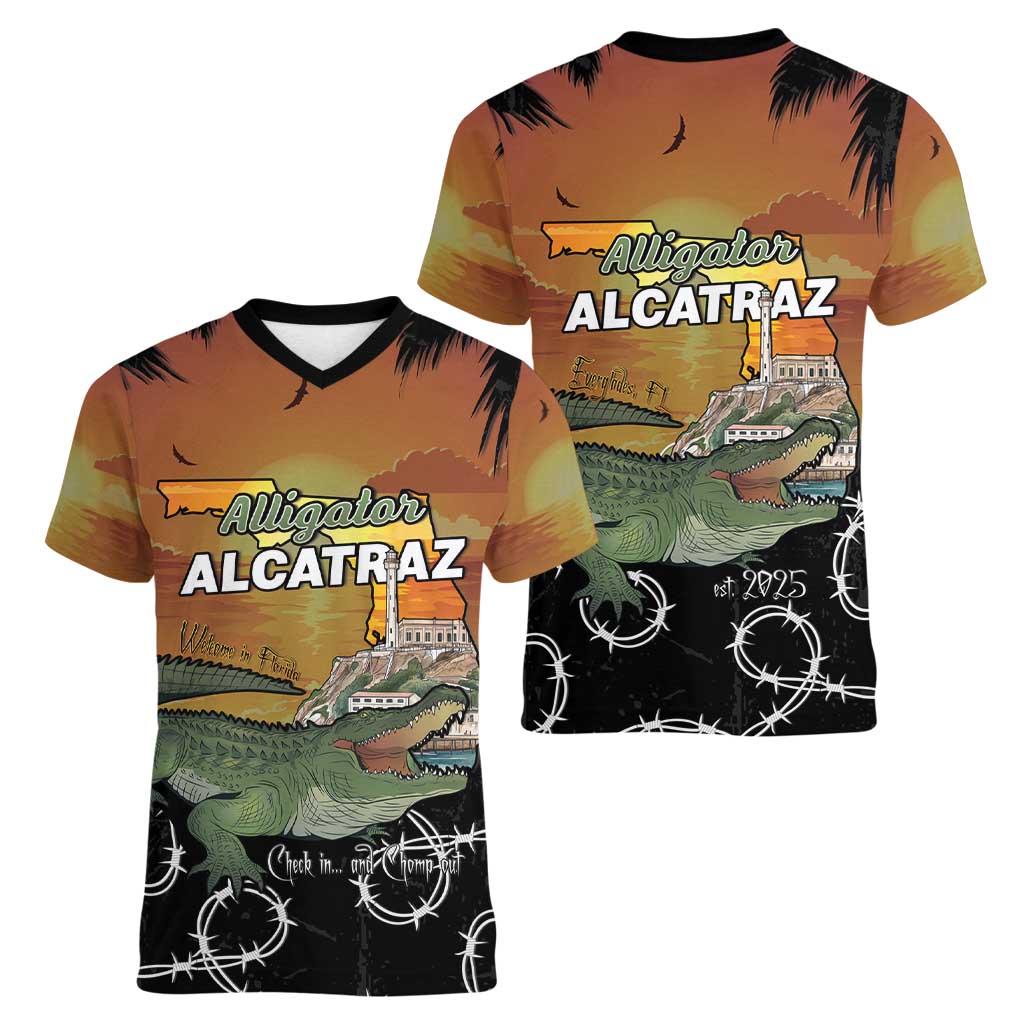 Alligator Alcatraz Women V-Neck T-Shirt Prison Florida Everglades - Wonder Print Shop