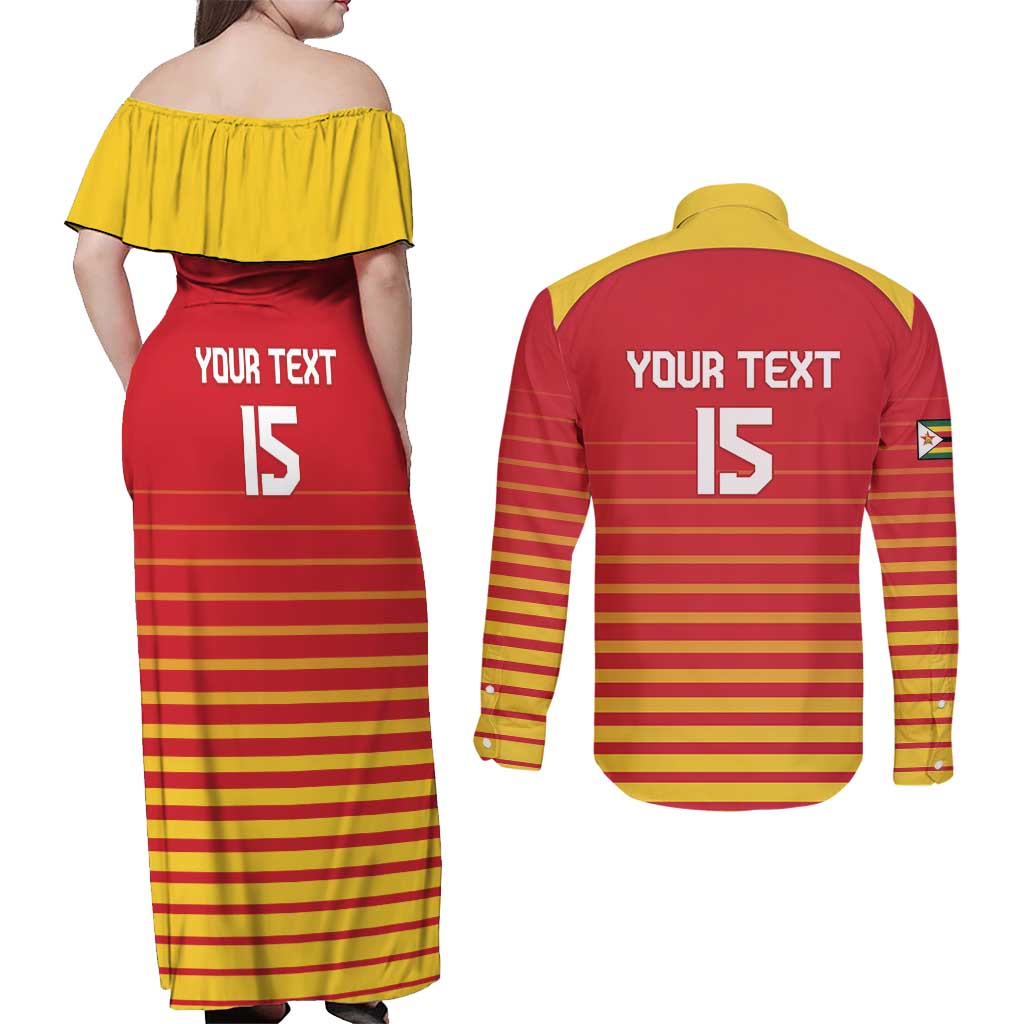 Custom Zimbabwe Cricket Couples Matching Off Shoulder Maxi Dress and Long Sleeve Button Shirt Go Chevrons Go - Wonder Print Shop
