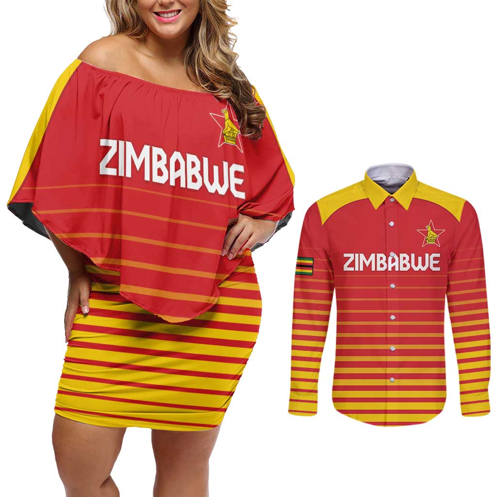 Custom Zimbabwe Cricket Couples Matching Off Shoulder Short Dress and Long Sleeve Button Shirt Go Chevrons Go - Wonder Print Shop