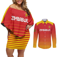 Custom Zimbabwe Cricket Couples Matching Off Shoulder Short Dress and Long Sleeve Button Shirt Go Chevrons Go - Wonder Print Shop