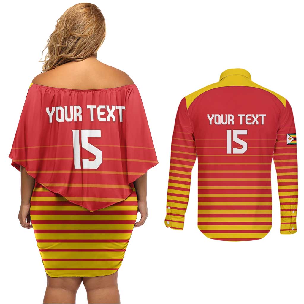 Custom Zimbabwe Cricket Couples Matching Off Shoulder Short Dress and Long Sleeve Button Shirt Go Chevrons Go - Wonder Print Shop