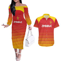 Custom Zimbabwe Cricket Couples Matching Off The Shoulder Long Sleeve Dress and Hawaiian Shirt Go Chevrons Go - Wonder Print Shop