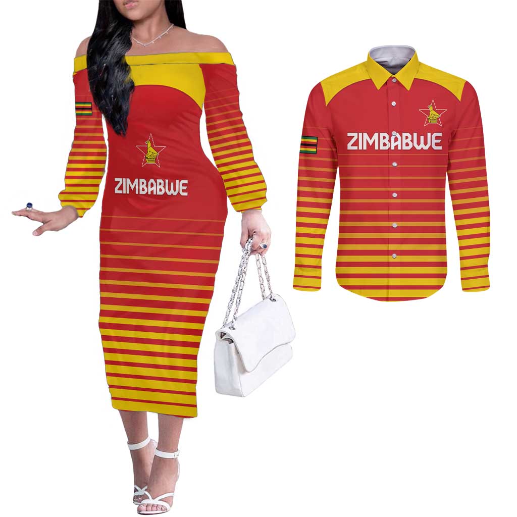 Custom Zimbabwe Cricket Couples Matching Off The Shoulder Long Sleeve Dress and Long Sleeve Button Shirt Go Chevrons Go - Wonder Print Shop