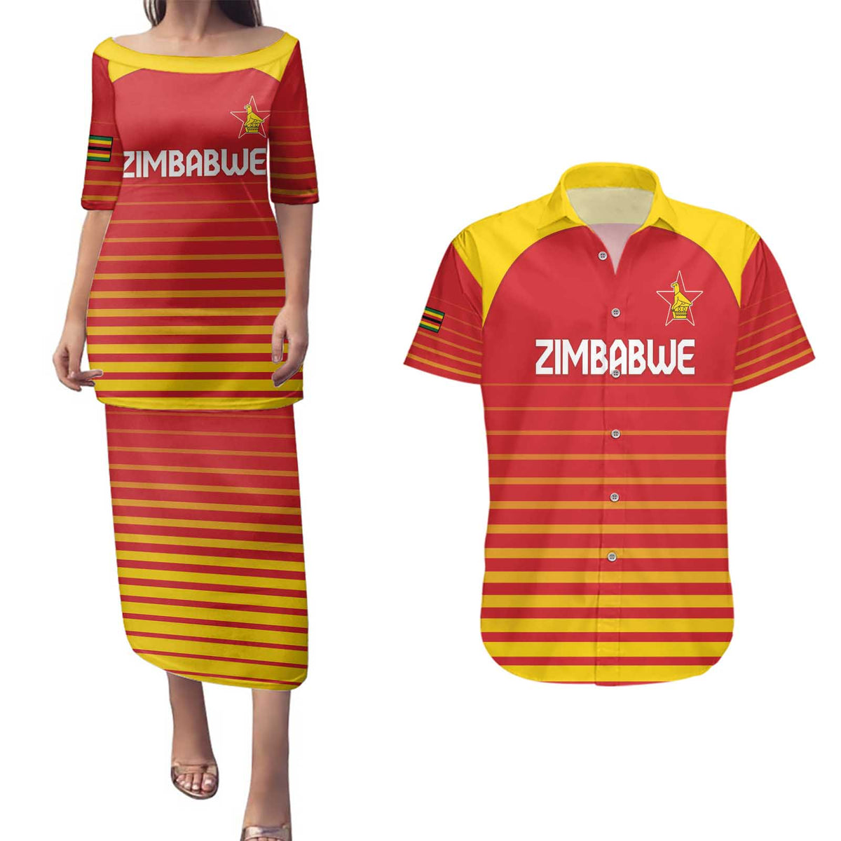 Custom Zimbabwe Cricket Couples Matching Puletasi and Hawaiian Shirt Go Chevrons Go - Wonder Print Shop