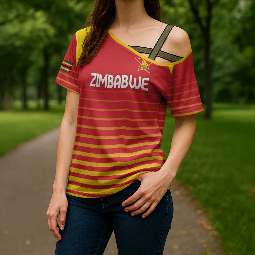 Custom Zimbabwe Cricket Cross Shoulder Shirt Go Chevrons Go - Wonder Print Shop