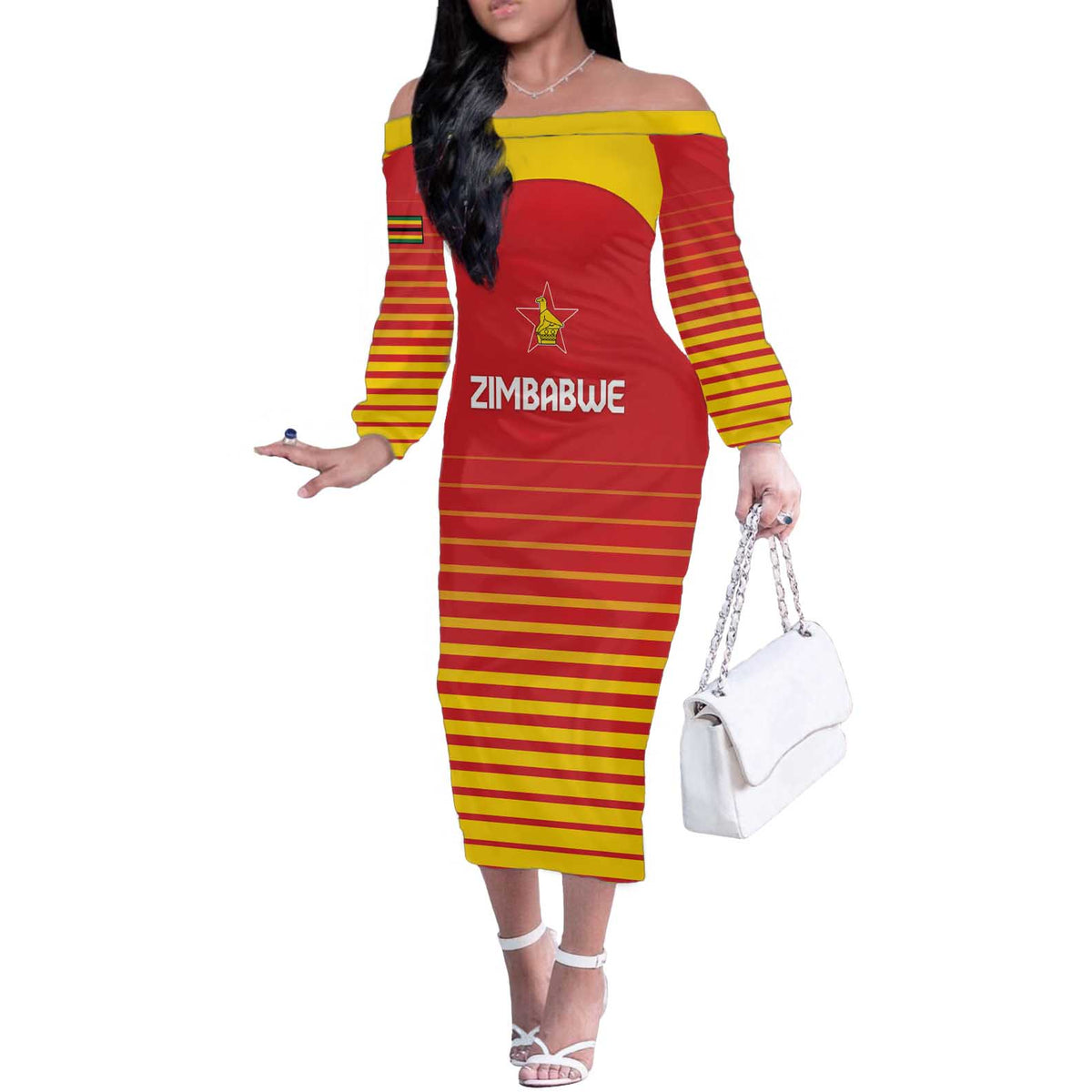 Custom Zimbabwe Cricket Off The Shoulder Long Sleeve Dress Go Chevrons Go - Wonder Print Shop