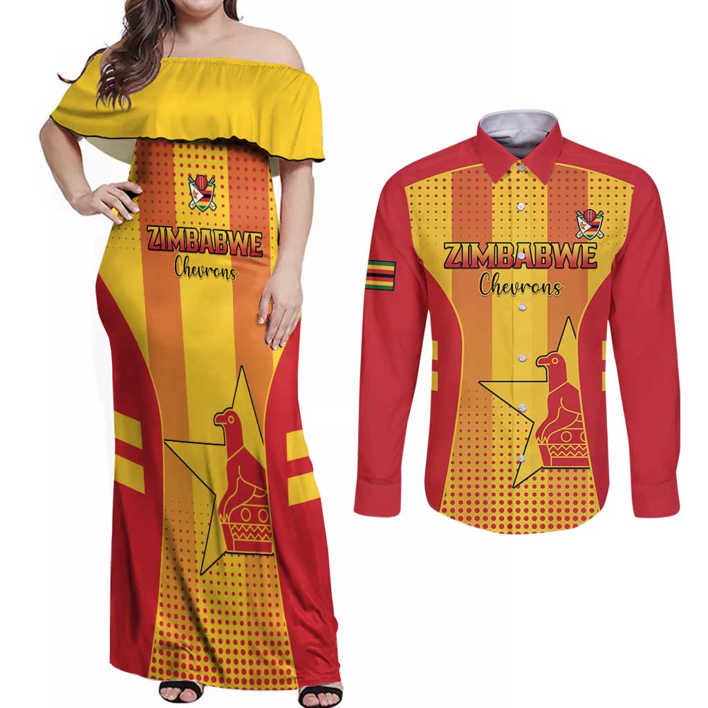 Custom Zimbabwe Cricket Couples Matching Off Shoulder Maxi Dress and Long Sleeve Button Shirt Go Champions - Wonder Print Shop