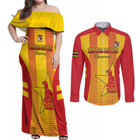Custom Zimbabwe Cricket Couples Matching Off Shoulder Maxi Dress and Long Sleeve Button Shirt Go Champions - Wonder Print Shop