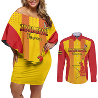 Custom Zimbabwe Cricket Couples Matching Off Shoulder Short Dress and Long Sleeve Button Shirt Go Champions - Wonder Print Shop