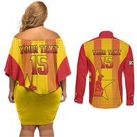 Custom Zimbabwe Cricket Couples Matching Off Shoulder Short Dress and Long Sleeve Button Shirt Go Champions - Wonder Print Shop